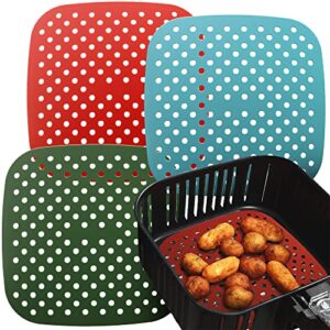 reusable silicone air fryer liners by linda’s essentials (3 pack) - non stick easy clean air fryer liners reusable mats air fryer accessories includes cheat sheet and recipe book (square (8.5 inches))