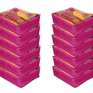 atorakushon 12 Piece Fabric Satin Saree Cover Clothes Storage Bags Set With Transparent Window Extra Large Wardrobe Garments Organizers (Purple)