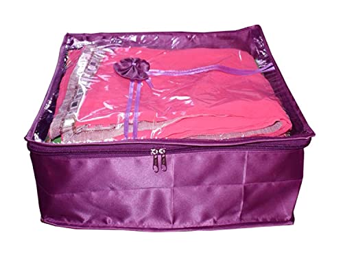 atorakushon 12 Piece Fabric Satin Saree Cover Clothes Storage Bags Set With Transparent Window Extra Large Wardrobe Garments Organizers (Purple)