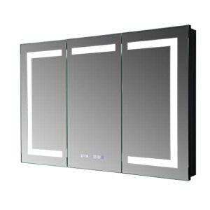 tunuo 48''w x 32''h recessed or surface medicine cabinets for bathroom with mirror, led medicine cabinet organizer with crystal sand lighting belts, defogger, dimmer, clock, outlets & usb, black
