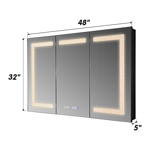 tunuo 48''W x 32''H Recessed or Surface Medicine Cabinets for Bathroom with Mirror, LED Medicine Cabinet Organizer with Crystal Sand Lighting Belts, Defogger, Dimmer, Clock, Outlets & USB, Black