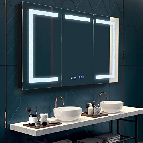 tunuo 48''W x 32''H Recessed or Surface Medicine Cabinets for Bathroom with Mirror, LED Medicine Cabinet Organizer with Crystal Sand Lighting Belts, Defogger, Dimmer, Clock, Outlets & USB, Black