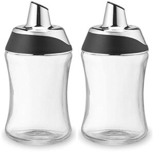 j&m design 2-pack sugar dispenser & shaker for coffee , cereal , tea & baking with pour spout and lid for easy spoon measuring pouring - 7.5oz glass jar container - coffee bar accessories & essentials