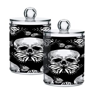kigai skull butterfly qtip holder set of 4 - 14oz clear plastic apothecary jars with lids bathroom container organizer dispenser for cotton ball, cotton swab, candy, floss, spices