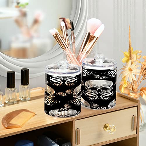 Kigai Skull Butterfly Qtip Holder Set of 4 - 14OZ Clear Plastic Apothecary Jars with Lids Bathroom Container Organizer Dispenser for Cotton Ball, Cotton Swab, Candy, Floss, Spices