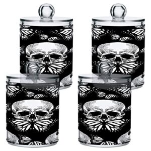 Kigai Skull Butterfly Qtip Holder Set of 4 - 14OZ Clear Plastic Apothecary Jars with Lids Bathroom Container Organizer Dispenser for Cotton Ball, Cotton Swab, Candy, Floss, Spices