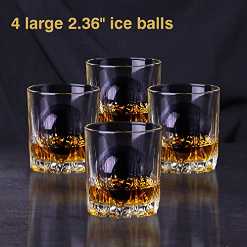 TINANA Crystal Clear Ice Ball Maker, 4 Cavity Large Clear Ice Balls Form, 2.5” Round Ice Sphere Trays for Whiskey, Cocktail, Brandy, Bourbon