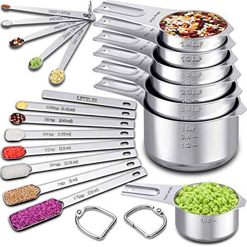 Measuring Cups and Spoons Set, 7 Stainless Steel Nesting Measuring Cups & 7 Spoons, 1 + Leveler & 5 Mini Measuring Spoons, Kitchen Measuring Spoons and Cups for Cooking & Baking, Set of 20