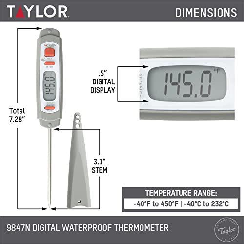 Taylor Waterproof Digital Instant Read Meat Food Grill BBQ Kitchen Cooking Thermometer, Comes with Sleeve Extender and Lanyard