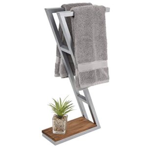 mygift 2-feet tall modern z-shaped silver tone metal dual bar towel rack with rustic burnt solid wood base, free standing bathroom laundry room holder stand