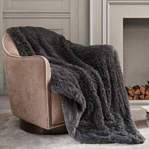 bedfolks faux fur throw blanket - fuzzy plush soft sherpa fleece blanket, fluffy cozy throw blankets for couch, sofa, bed, dark grey thick comfy blankets and throws, 50 x 60 inches