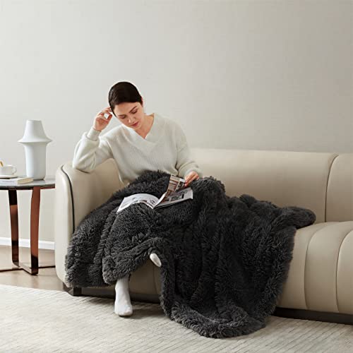 Bedfolks Faux Fur Throw Blanket - Fuzzy Plush Soft Sherpa Fleece Blanket, Fluffy Cozy Throw Blankets for Couch, Sofa, Bed, Dark Grey Thick Comfy Blankets and Throws, 50 x 60 inches