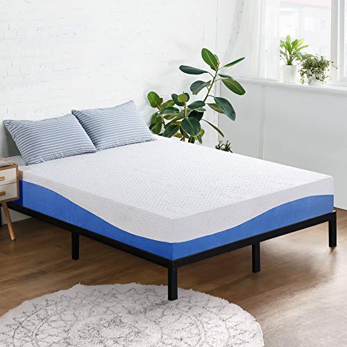 Olee Sleep 18 Inch Tall Heavy Duty Steel Slat/Anti-Slip Support/Easy Assembly/Mattress Foundation/Maximum Storage, Black & 10 Inch Gel Infused Layer Top Memory Foam Mattress, Twin, Blue