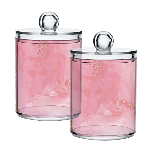 ALAZA 2 Pack Qtip Holder Dispenser Cute Pink Marble Bathroom Organizer Canisters for Cotton Balls/Swabs/Pads/Floss,Plastic Apothecary Jars for Vanity