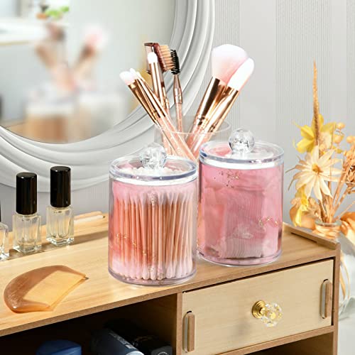 ALAZA 2 Pack Qtip Holder Dispenser Cute Pink Marble Bathroom Organizer Canisters for Cotton Balls/Swabs/Pads/Floss,Plastic Apothecary Jars for Vanity