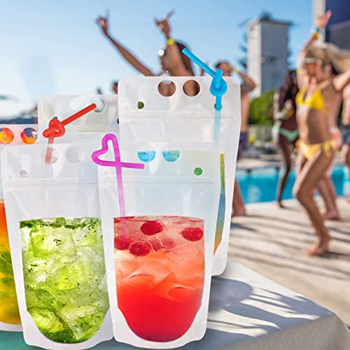 100 PCS Drink Pouches for Adults, Reusable Drink Pouches with 100 Straws Funnel, Heavy Duty Stand-up Juice Pouches Plastic Smoothie Drink Bags for Cold Hot Drinks