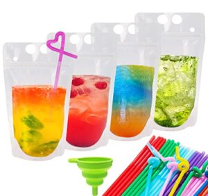 100 pcs drink pouches for adults, reusable drink pouches with 100 straws funnel, heavy duty stand-up juice pouches plastic smoothie drink bags for cold hot drinks