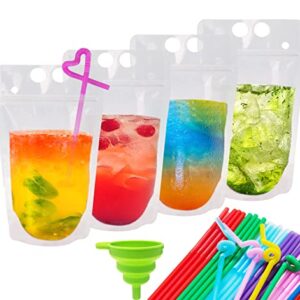 100 PCS Drink Pouches for Adults, Reusable Drink Pouches with 100 Straws Funnel, Heavy Duty Stand-up Juice Pouches Plastic Smoothie Drink Bags for Cold Hot Drinks