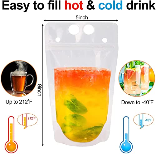 100 PCS Drink Pouches for Adults, Reusable Drink Pouches with 100 Straws Funnel, Heavy Duty Stand-up Juice Pouches Plastic Smoothie Drink Bags for Cold Hot Drinks