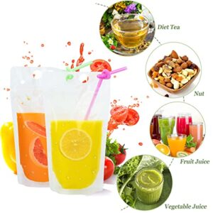 100 PCS Drink Pouches for Adults, Reusable Drink Pouches with 100 Straws Funnel, Heavy Duty Stand-up Juice Pouches Plastic Smoothie Drink Bags for Cold Hot Drinks