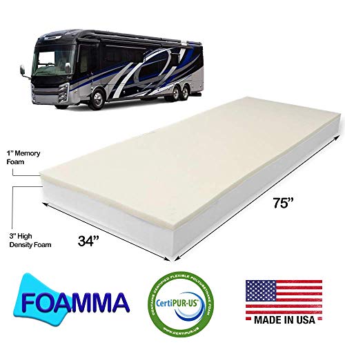 Foamma 4” x 34” x 75” Camper/RV Travel Memory Foam Bunk Mattress Replacement, Made in USA, Comfortable, Travel Trailer, CertiPUR-US Certified, Cover Not Included