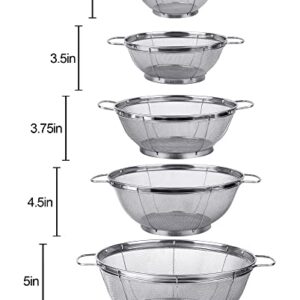 5 Pack 18/8 Stainless Steel Colander Sieves, Multi Size Mesh Strainer Net Baskets with Handles & Resting Base for Strain, Drain, Rinse or Steam