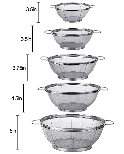 5 Pack 18/8 Stainless Steel Colander Sieves, Multi Size Mesh Strainer Net Baskets with Handles & Resting Base for Strain, Drain, Rinse or Steam