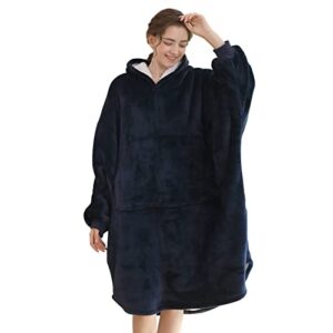 wearable blanket hoodie for men & women, oversized hoodie blanket adult, sherpa fleece & flannel blanket with sleeves and giant pocket, machine washable, convenient for home and outdoors, navy blue