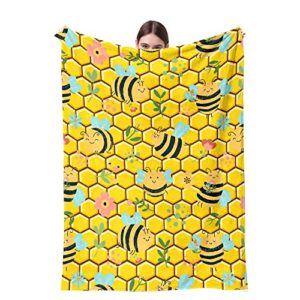 Cute Bee Blanket Bee Gifts for Kids Adults Flowers Yellow Fleece Plush Throw Blanket for Couch Bed Honeycomb Decor, Warm Lightweight Super Soft Blankets All Seasons, 60x50 Inch