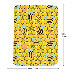 Cute Bee Blanket Bee Gifts for Kids Adults Flowers Yellow Fleece Plush Throw Blanket for Couch Bed Honeycomb Decor, Warm Lightweight Super Soft Blankets All Seasons, 60x50 Inch