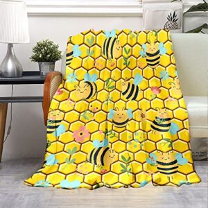 Cute Bee Blanket Bee Gifts for Kids Adults Flowers Yellow Fleece Plush Throw Blanket for Couch Bed Honeycomb Decor, Warm Lightweight Super Soft Blankets All Seasons, 60x50 Inch