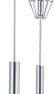 KSENDALO Push Whisk Set(12inch & 14inch) Stainless Steel Easy Whisk for Mixing Milk and Other Liquids, Automatic Whisk Push Saves Much Energy, Silver