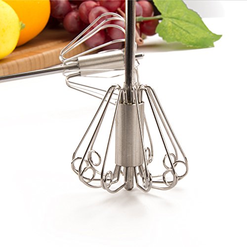 KSENDALO Push Whisk Set(12inch & 14inch) Stainless Steel Easy Whisk for Mixing Milk and Other Liquids, Automatic Whisk Push Saves Much Energy, Silver