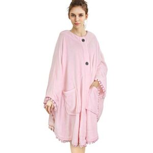 PAVILIA Angel Wrap Poncho Blanket for Women | Plush Warm Wearable Blanket Gift, Fleece Shawl Cape with Pom Pom Fringe and Pockets, Cozy Gifts for Women (Light Pink)