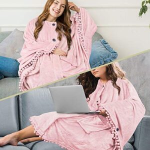 PAVILIA Angel Wrap Poncho Blanket for Women | Plush Warm Wearable Blanket Gift, Fleece Shawl Cape with Pom Pom Fringe and Pockets, Cozy Gifts for Women (Light Pink)