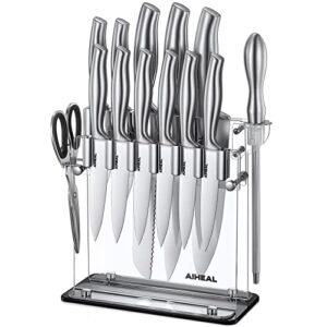 aiheal knife set, 14pcs stainless steel kitchen knife set with clear knife holder, no rust and super sharp cutlery knife set in one piece design with knife sharpener for kitchen, serrated steak knives
