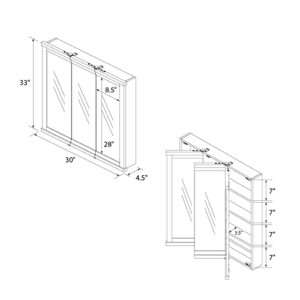 DHP Otum Bathroom 3 Door Mirrored Medicine Cabinet and Organizer, Surface Mount Wall Storage, Walnut