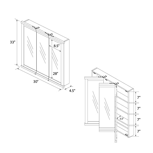 DHP Otum Bathroom 3 Door Mirrored Medicine Cabinet and Organizer, Surface Mount Wall Storage, Walnut