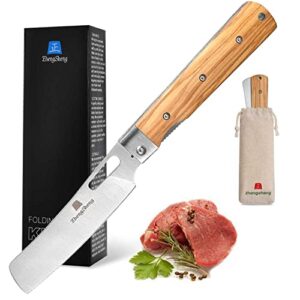 ZhengSheng Folding Chef Knife 4.8 Sharp 440A Stainless Steel Blade Natural Olive Handle Pocket Foldable Japanese Style Kitchen Knife for Outdoor Camping Cooking