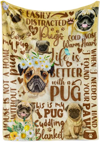 Pug Gifts for Pug Lovers, Pug Flannel Blanket for Pug Lovers, Soft Throw Blanket 50"x 65"