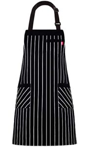 alipobo aprons for women and men, kitchen chef apron with 3 pockets and 40" long ties, adjustable bib apron for cooking, serving - 32" x 28" - black/white pinstripe - 1 pcs
