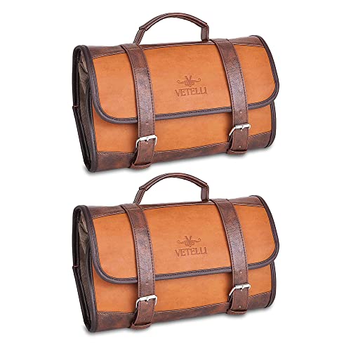 Vetelli Foldable Hanging Leather Travel Toiletry Bag with 2 Zippered Internal Pockets, 2 Snap-Fastened Internal Pockets, and Hanging Hook (2 Pack)