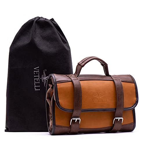 Vetelli Foldable Hanging Leather Travel Toiletry Bag with 2 Zippered Internal Pockets, 2 Snap-Fastened Internal Pockets, and Hanging Hook (2 Pack)