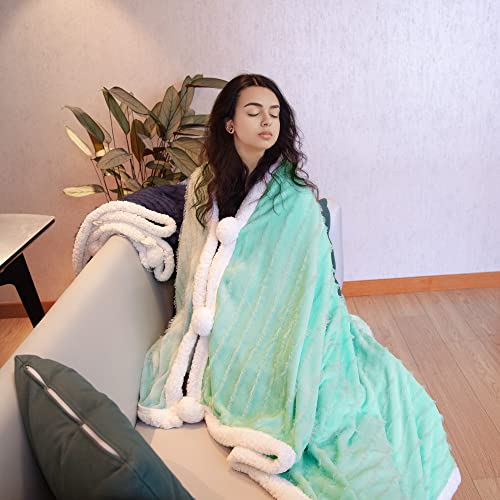 Exclusivo Mezcla Tassel Fleece Throw Blanket for Couch, Sofa, Bed, Soft Wrap Poncho Blanket, Lightweight and Warm (50x70 Inches, Light Green)