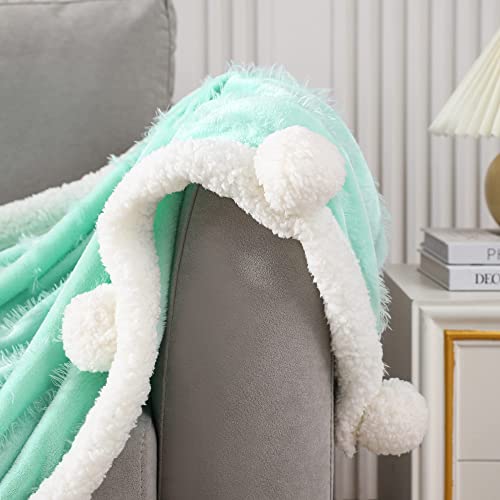 Exclusivo Mezcla Tassel Fleece Throw Blanket for Couch, Sofa, Bed, Soft Wrap Poncho Blanket, Lightweight and Warm (50x70 Inches, Light Green)