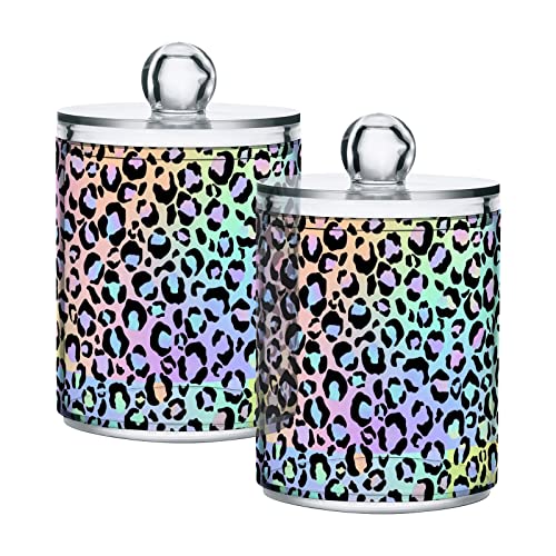 Joisal Multicolored Gradient Leopard Print 2 Pack Ear Cotton Swabs Container With Lids Plastic Bathroom Organizer for Cotton Balls, Cotton Swabs, Cotton Round Pads, Floss Picks