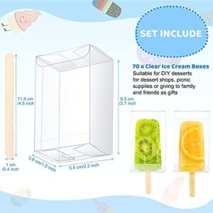 50 Pieces Ice Cream Cakesicle Boxes Set Include 25 Pieces Clear PET Cake Boxes Plastic Candy Gift Bags and 25 Pieces Wooden Sticks Treat Boxes for DIY Baking Wedding Baby Shower Kids Birthday Party