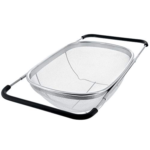 U.S. Kitchen Supply - Premium Quality Over The Sink Stainless Steel Oval Colander with Fine Mesh 6 Quart Strainer Basket & Expandable Rubber Grip Handles - Strain, Drain, Rinse Fruits, Vegetables