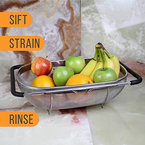 U.S. Kitchen Supply - Premium Quality Over The Sink Stainless Steel Oval Colander with Fine Mesh 6 Quart Strainer Basket & Expandable Rubber Grip Handles - Strain, Drain, Rinse Fruits, Vegetables