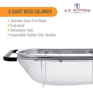 U.S. Kitchen Supply - Premium Quality Over The Sink Stainless Steel Oval Colander with Fine Mesh 6 Quart Strainer Basket & Expandable Rubber Grip Handles - Strain, Drain, Rinse Fruits, Vegetables